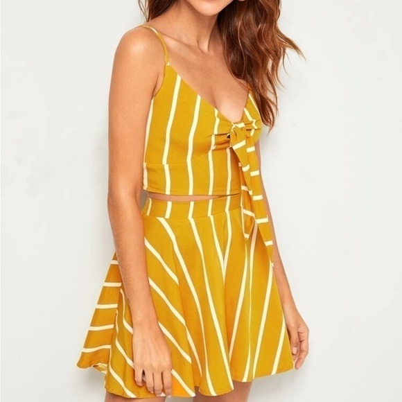 Shein 2 Piece Mustard Yellow Stripe Skirt Set - Picture 1 of 12